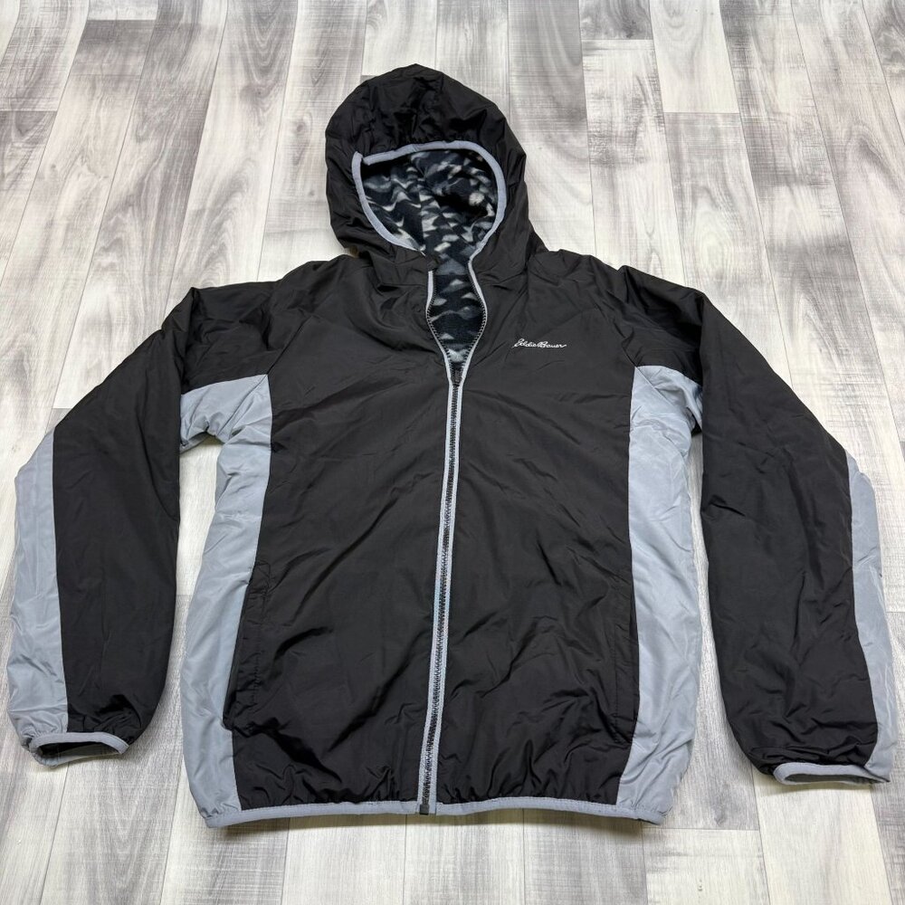 ✅Boys/Girls/Youth L Eddie Bauer Black/Gray Reversible Hooded Jacket Winter Coat